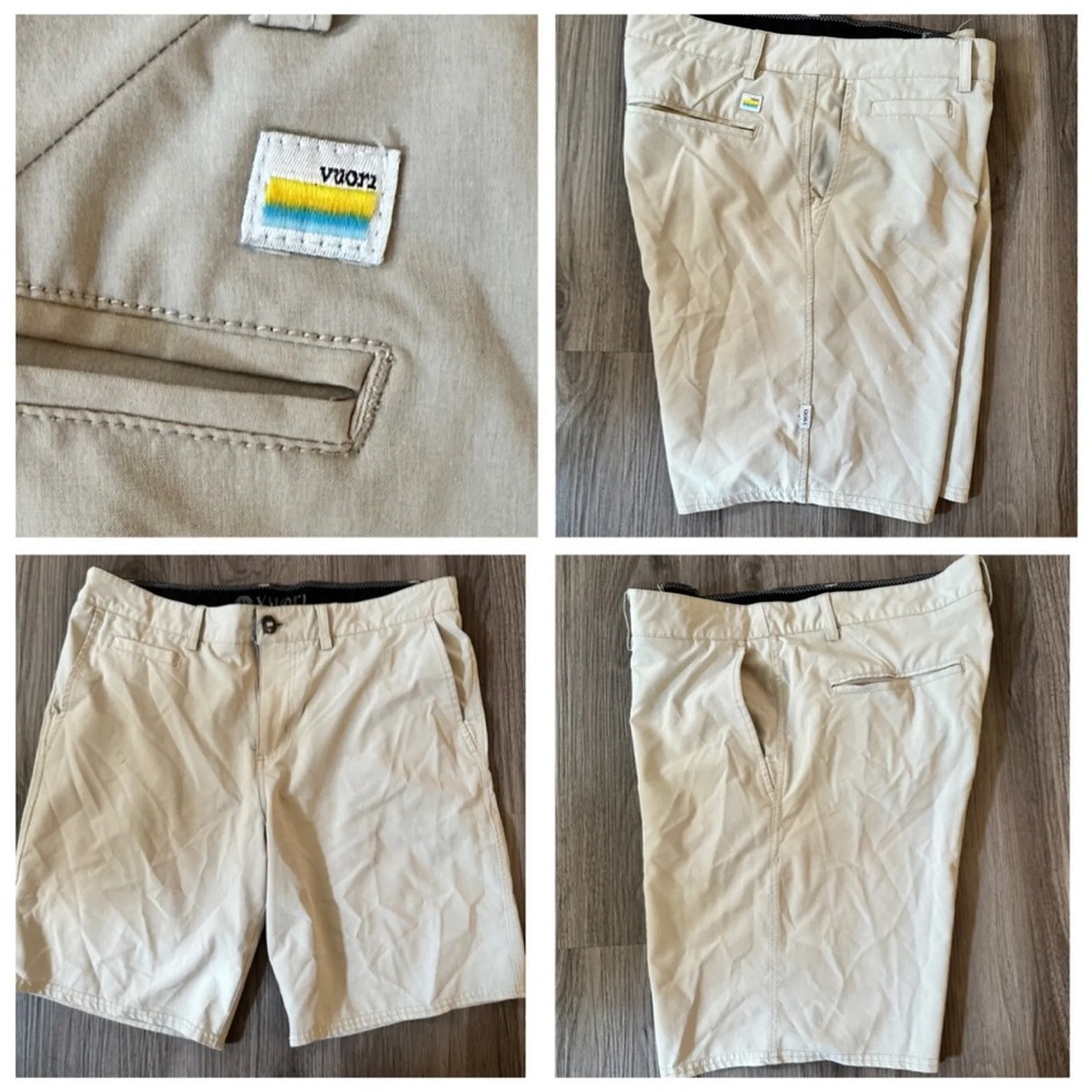 VUORI Mens Active Flat Front Pockets Shorts Light Beige Size 32